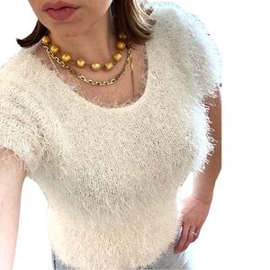 Vintage Fuzzy Y2K Ivory Cream Eyelash knit top Size Medium